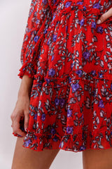 Laney Cutout Back Ruffle Trim Dress Red Floral