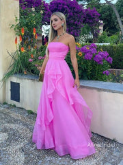 Elegant Strapless Ruffle Hot Pink Maxi Long A-line Tulle Prom Dress，Formal Dress, PD382270