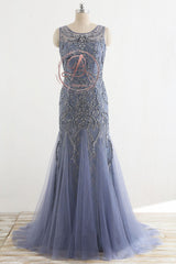 Stunning Lavender Tulle Beaded Lace Scoop Neck Sleeveless Mermaid Prom Dresses,PD00064